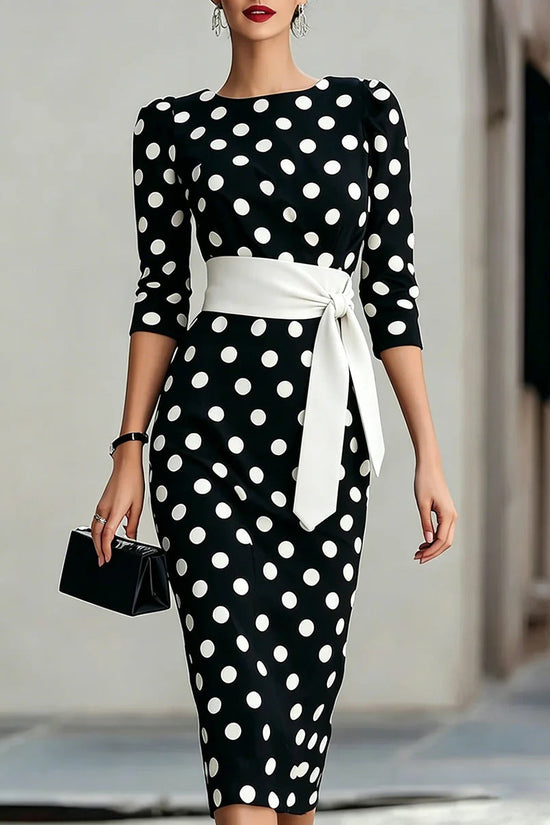 Retro Polka-dot Navy Blue Belted Waist-hugging Elegant Dress 