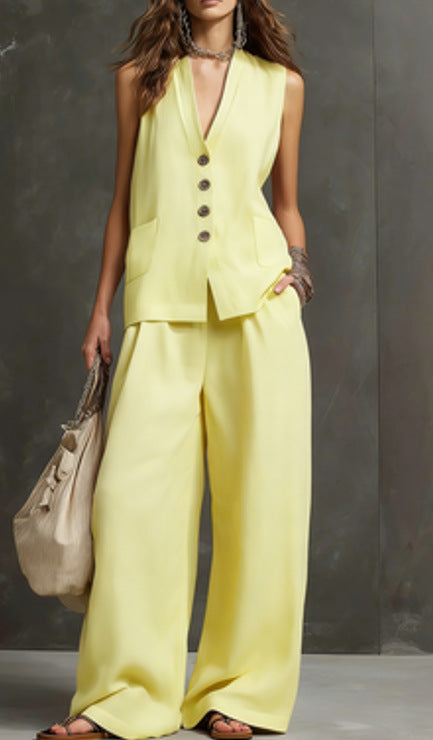 Women's Linen 2-Piece Outfit, Sleeveless Vest & Wide Leg Pants Set 