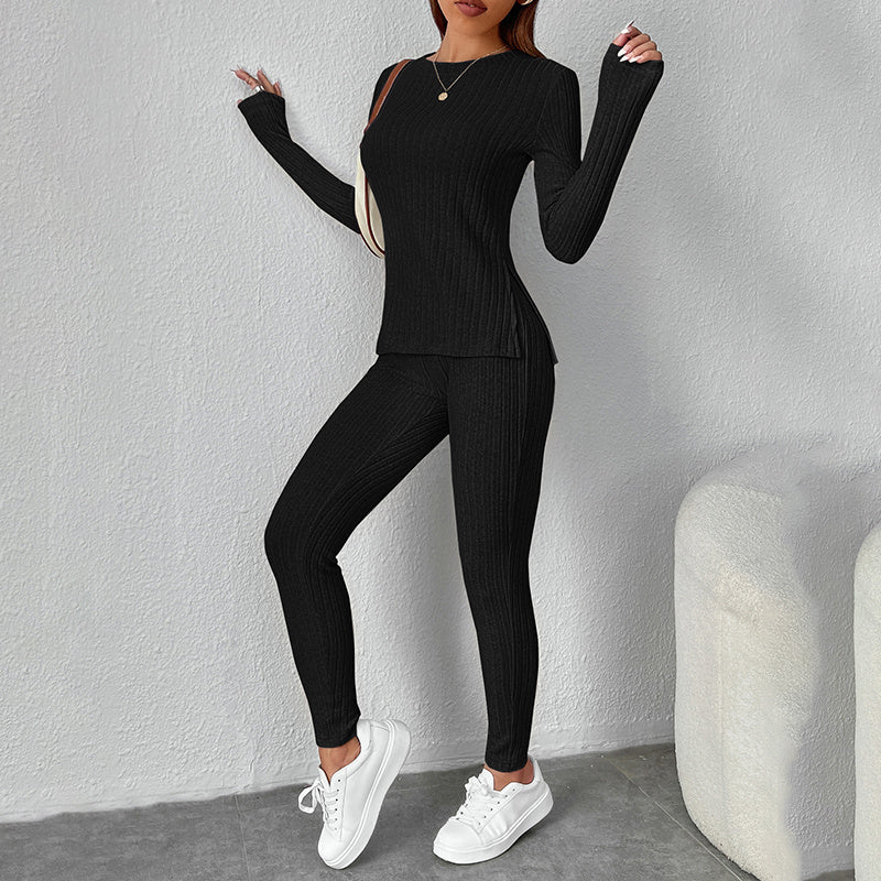 Women’s Ribbed Knit Long‑Sleeve Tee & Pants Lounge Set CJ US