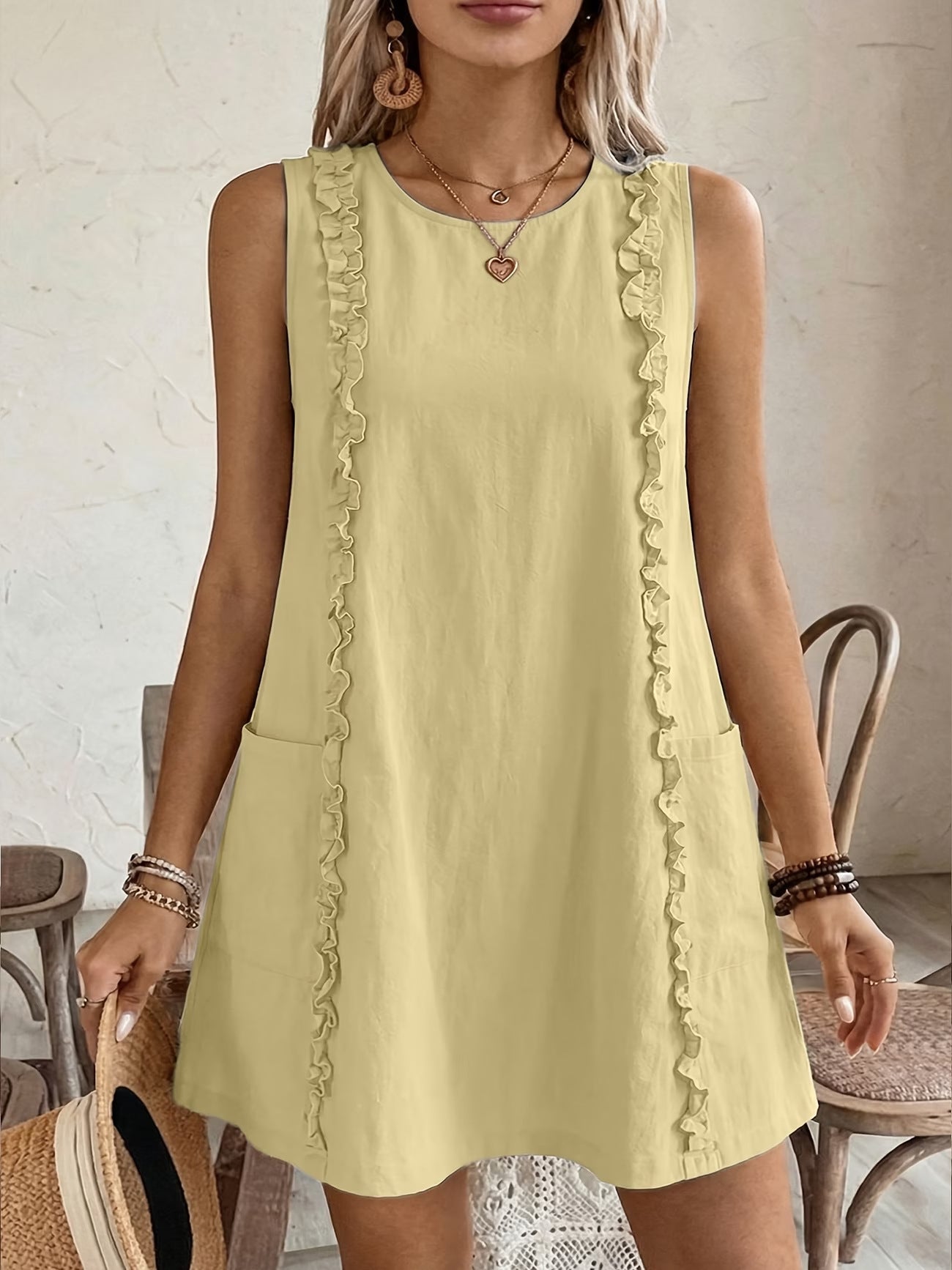 Women's Solid-Color Ruffle-Trimmed Dress 