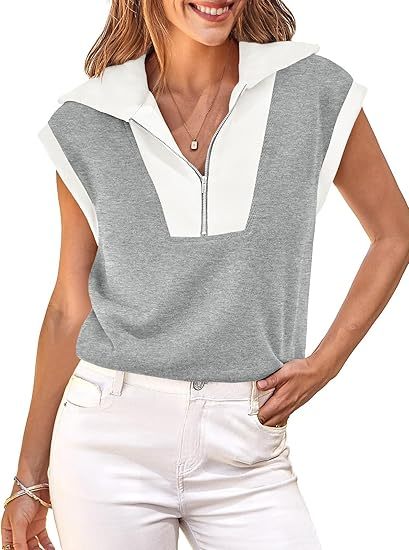 Fisoew Womens Half Zip Sweatshirts Short Sleeve Color Block Lapel V Neck Loose Summer Pullover Tops CJ US