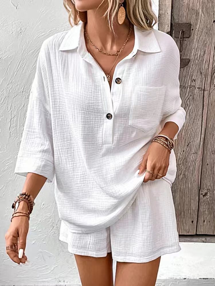 Casual Double-Panel Shirt With Lapel Collar Casual Two-Piece Set 