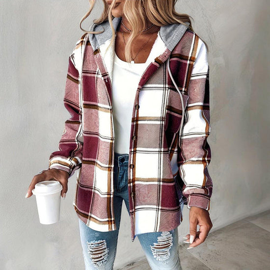 Women's Plaid Hoodie Long Sleeve Jacket Button Drawstring Casual Fall Shirts Shacket With Pocket CJ US