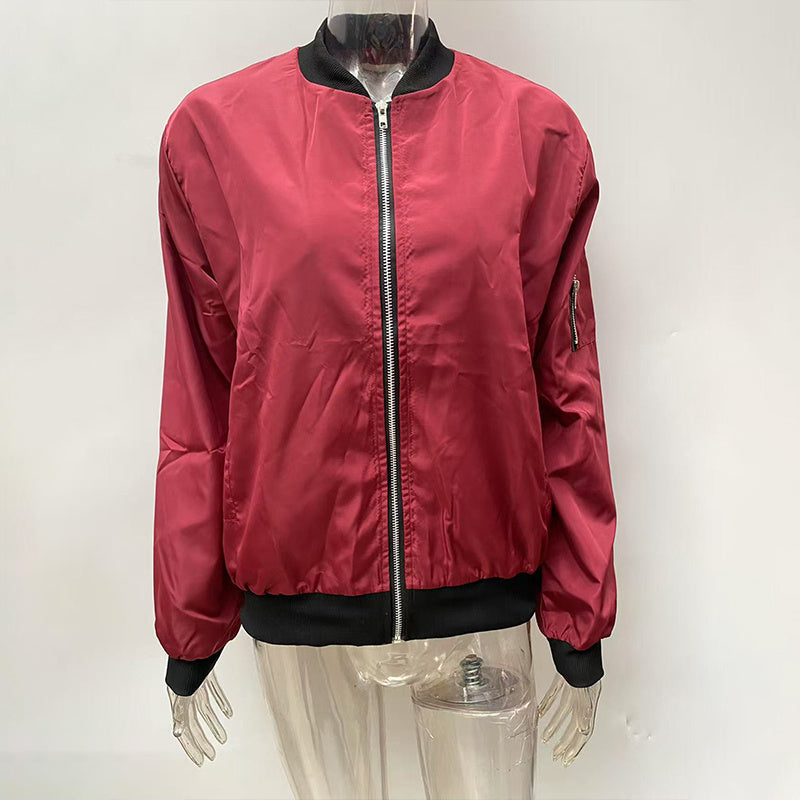 Women's Zippered Long-Sleeve Stand Collar Jacket Color-Blocked Spring & Fall Fashion Minimalist Top CJ