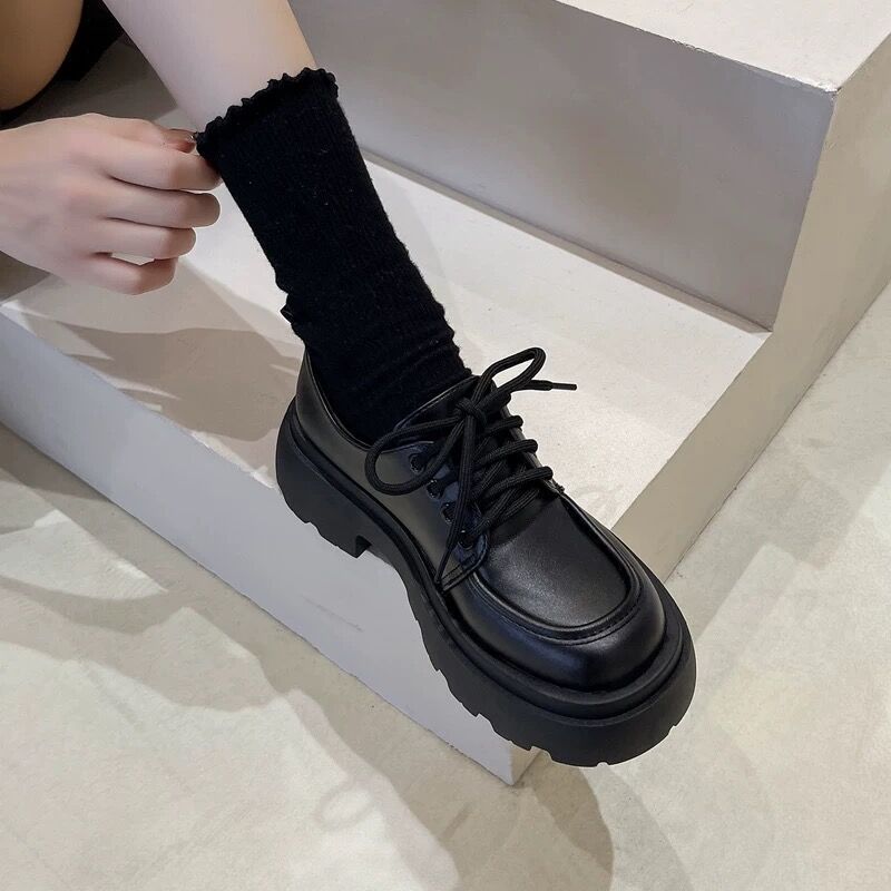 New Years Womens British-Style Chunky Sole Leather Shoes 