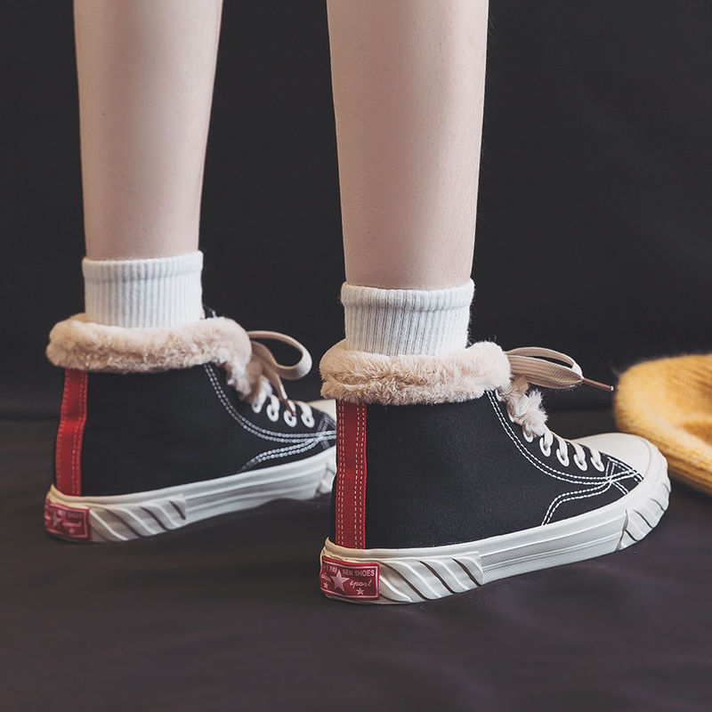Women's Warm Black Winter Thick Flat High-top With Velvet Canvas Shoes CJ