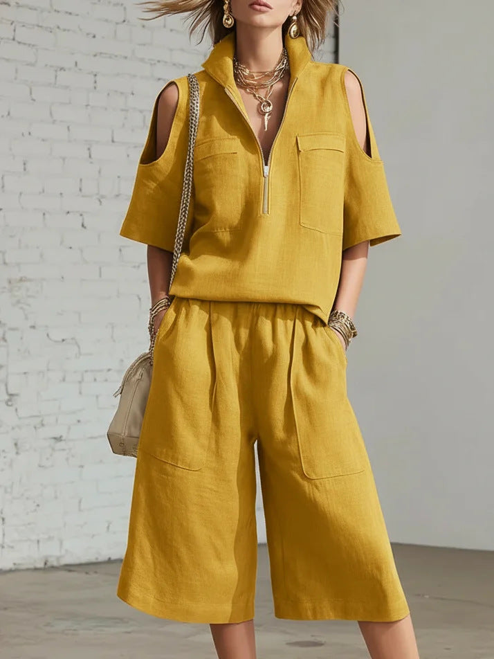Womens Short-Sleeve Shirt And Shorts Loose Pants Two-Piece Set 