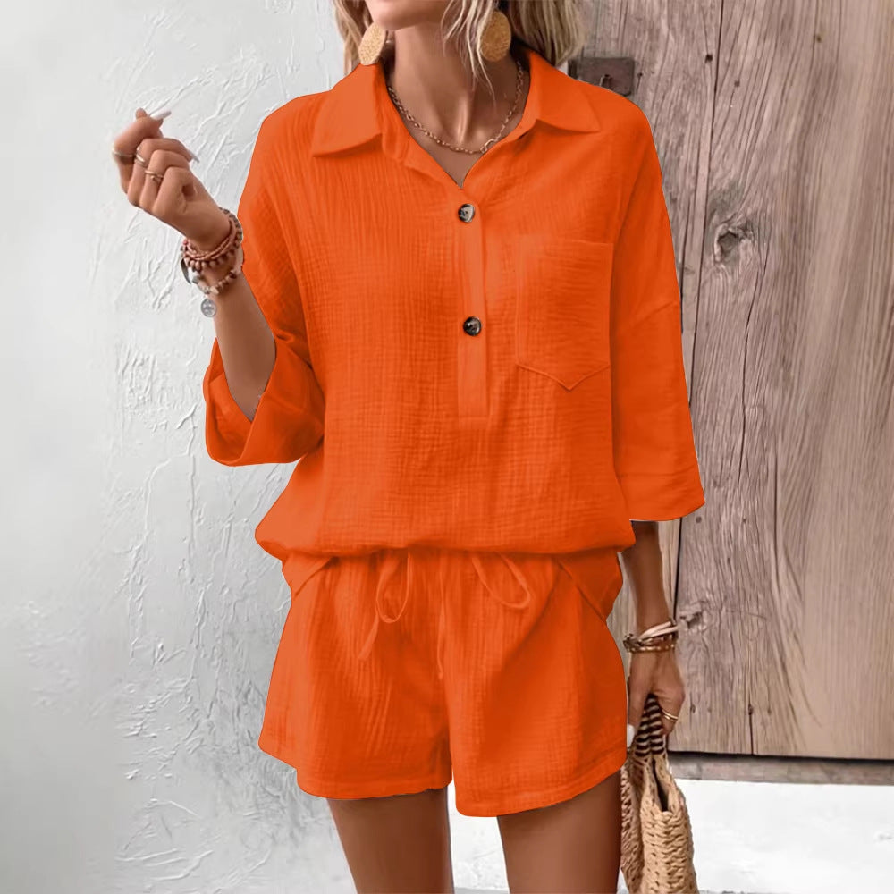 Casual Double-Panel Shirt With Lapel Collar Casual Two-Piece Set 