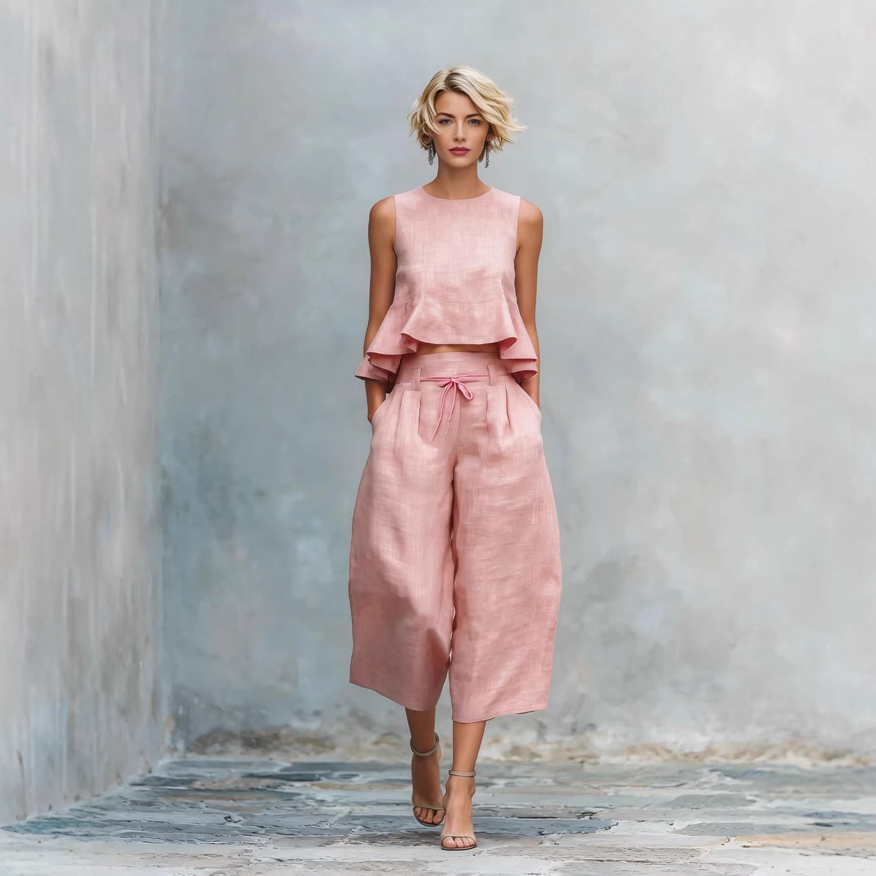 Womens Linen-blend Two-piece Set With Ruffled Detailing 