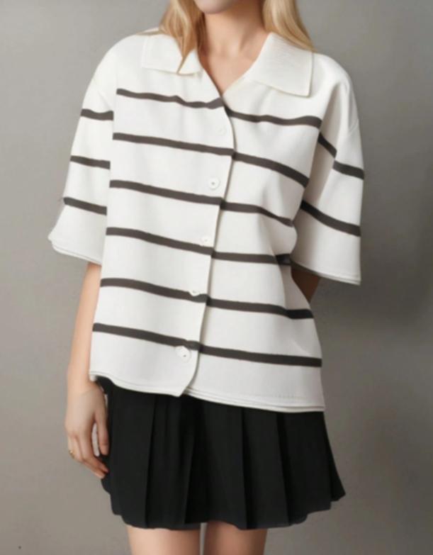 Women's 2025 Spring Summer Casual Fold-Down Short Sleeve Fashion Button Knitted Cardigan Sweater Navy Striped Sleeve Knitted Cardigan CJ US