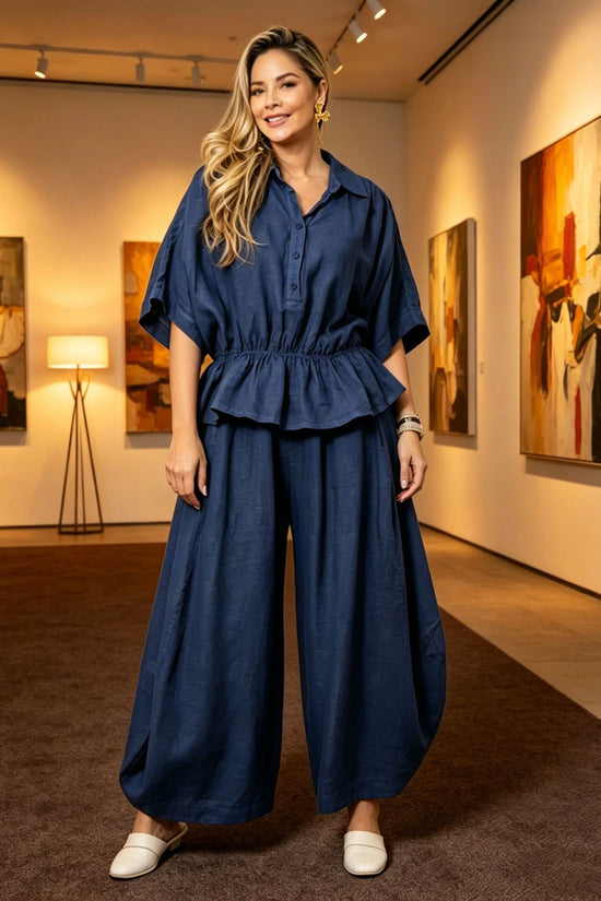 Plus-size Womens Loose Casual Belted Shirt And Wide-leg Pants Set 