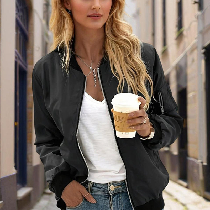 Women's Zippered Long-Sleeve Stand Collar Jacket Color-Blocked Spring & Fall Fashion Minimalist Top CJ