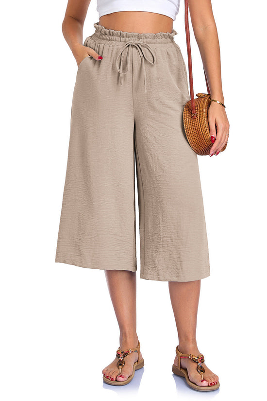 Women's Solid Color All-Match Elastic Cropped Pants Loose Wide-Leg Trousers 