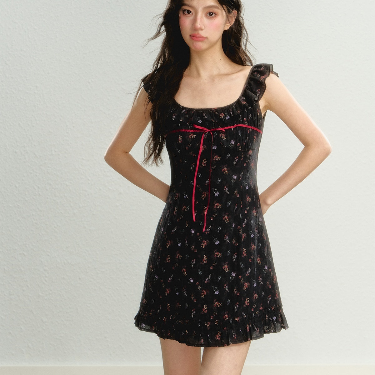 Sleeveless Flying Sleeve Floral Suspender Skirt CJ