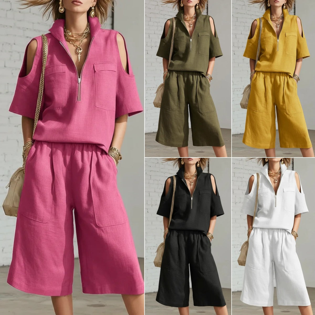 Womens Short-Sleeve Shirt And Shorts Loose Pants Two-Piece Set 
