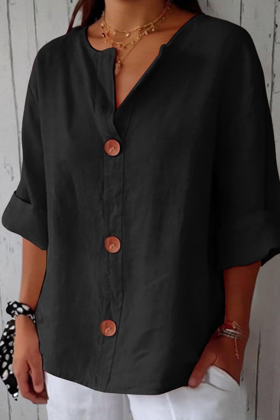 Women's V-neck cotton and linen buttoned blouse 