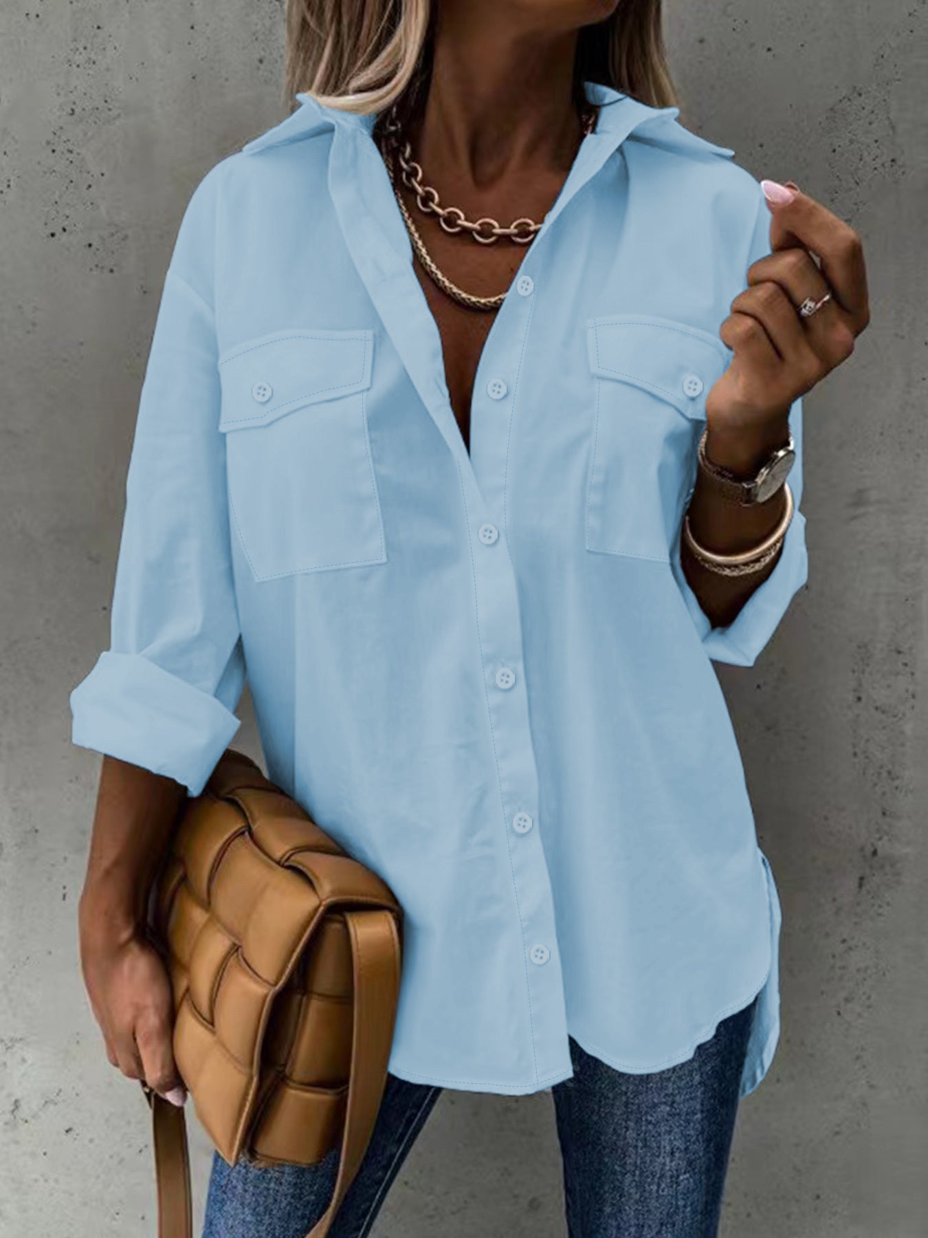 Simple Casual Long Sleeve Shirt With Pocket CJ US