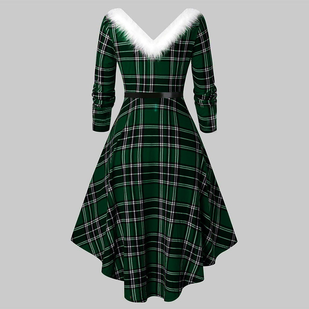 Christmas Women's Fur Patchwork V-neck Long Sleeved Dress CJ