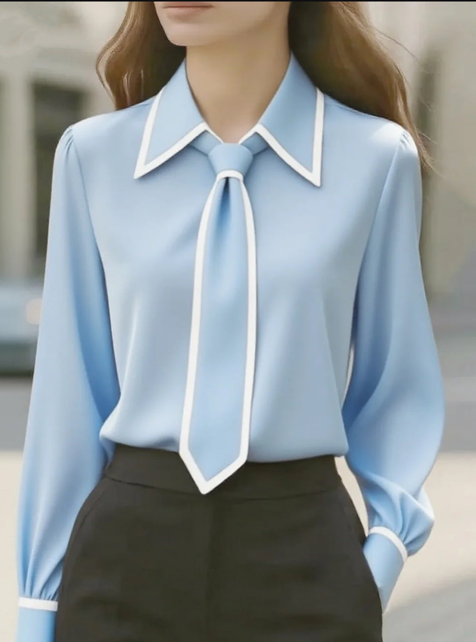 Autumn Fashion Solid Color Commute Tie Design Long Sleeve Shirt Women's Clothing 