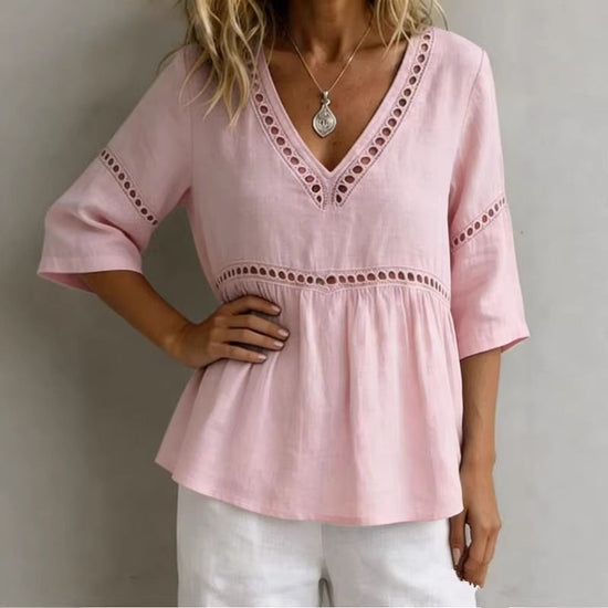 Solid-color V-neck Hollow-out Casual Fringed Top 