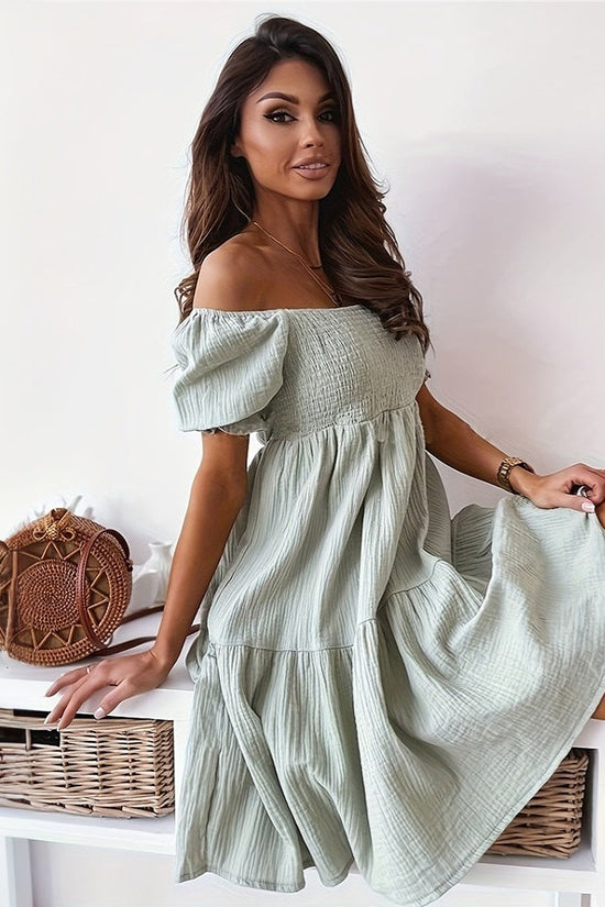 Casual One Word Collar Wrinkle Puff Sleeve Mid Dresses CJ US