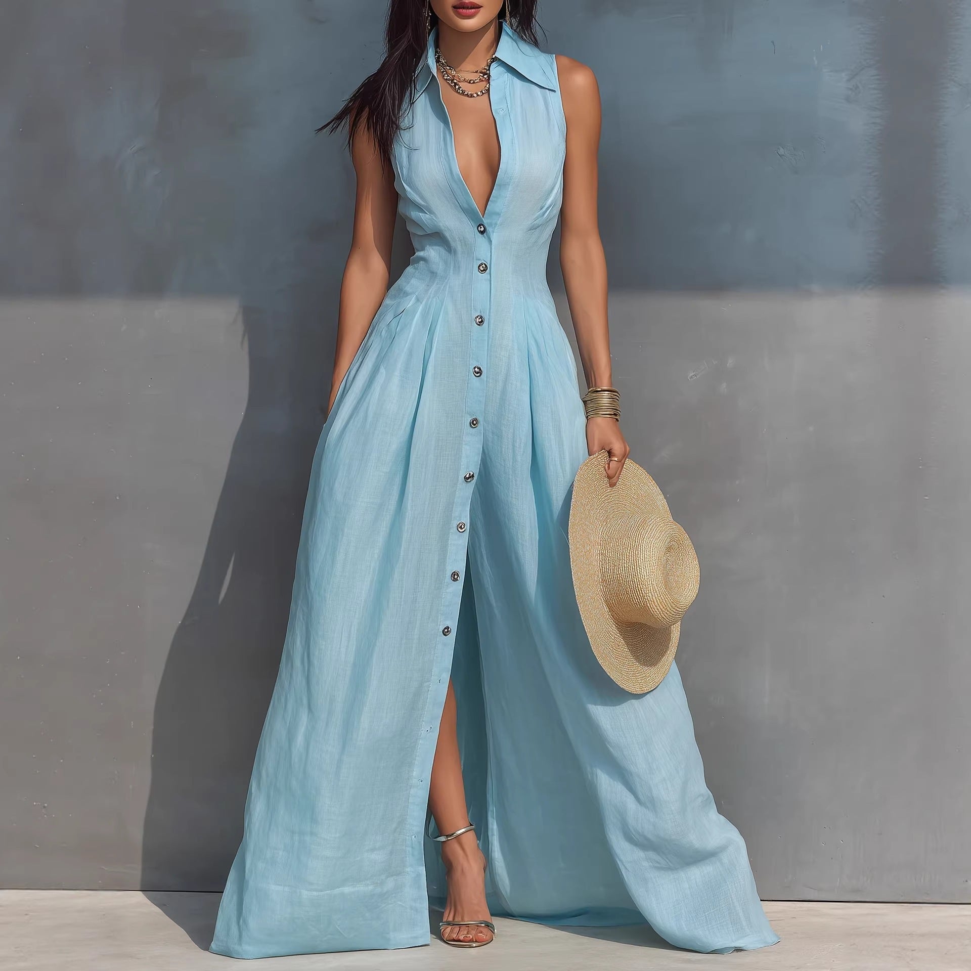 High-waisted Lapel Shirt-style Maxi Dress 
