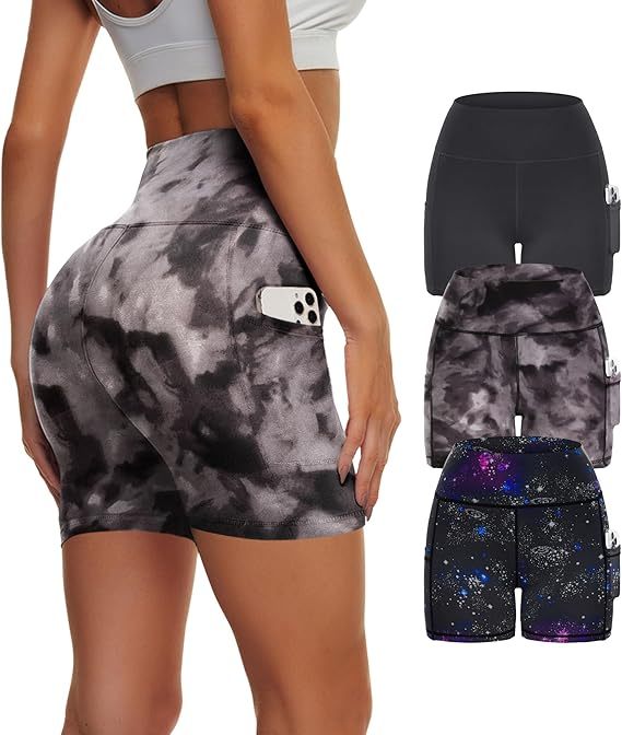 Yoga Pants - Three Points High Waist 3 Pieces Of Polyester Double Grinding Black Polyester Double Grinding Black Tie-dye Polyester Double Grinding Blue Purple Starry Sky CJ