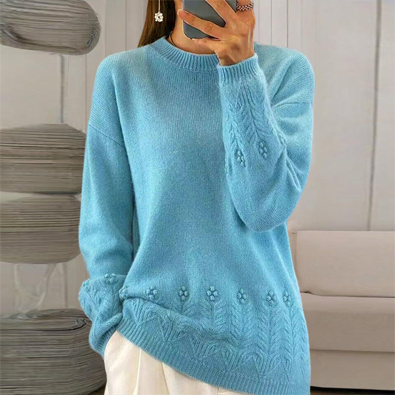 Women's Solid Color 3D Floral Embroidered Sweater, Loose Round Neck Long Sleeve Pullover For Autumn & Winter CJ US