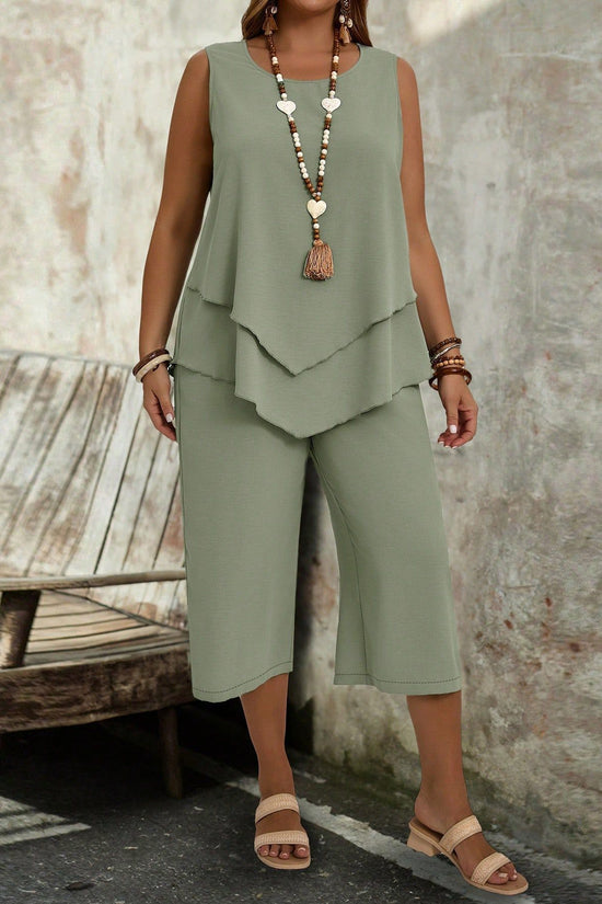Casual Solid-Colored Sleeveless Top And Cropped Pants Two-Piece Set 