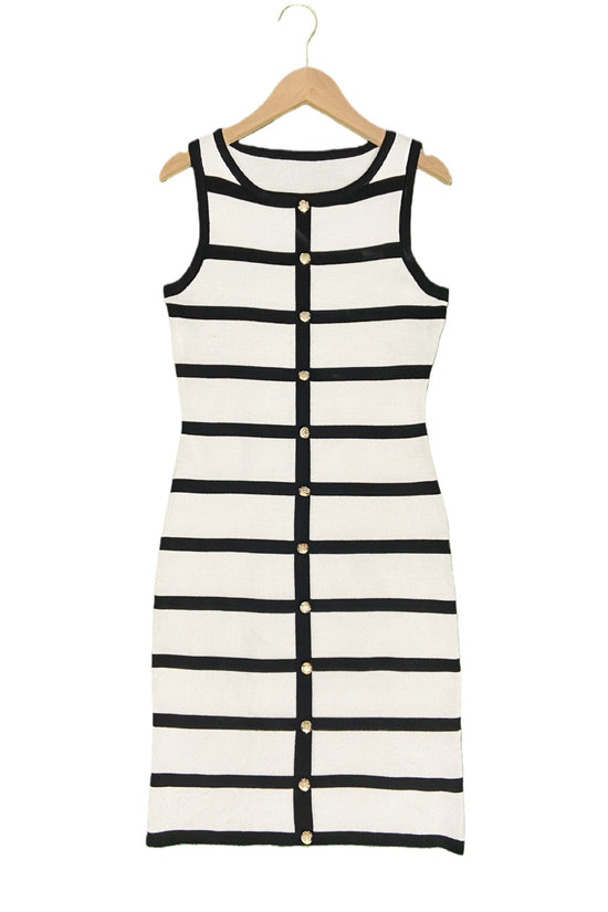 Contrast-color Striped Sleeveless Crew-neck Single-breasted Dress 
