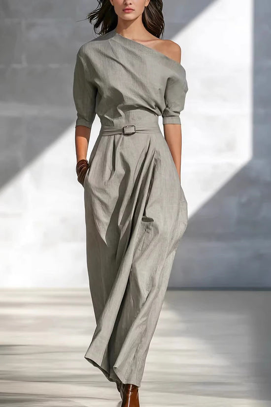 Slanted Shoulder Waist Long Dress 