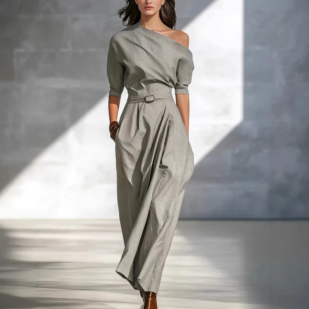 Slanted Shoulder Waist Long Dress 