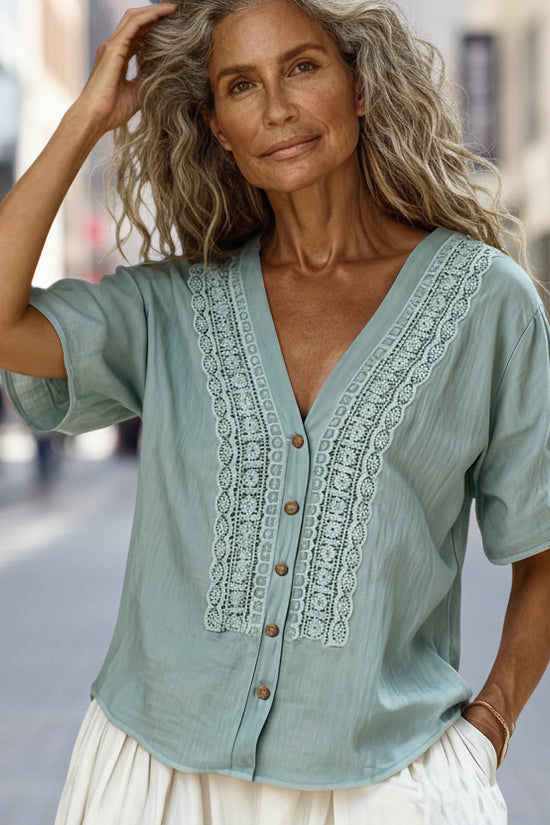 Loose-fit Faux Linen Embroidered Button-up Top 