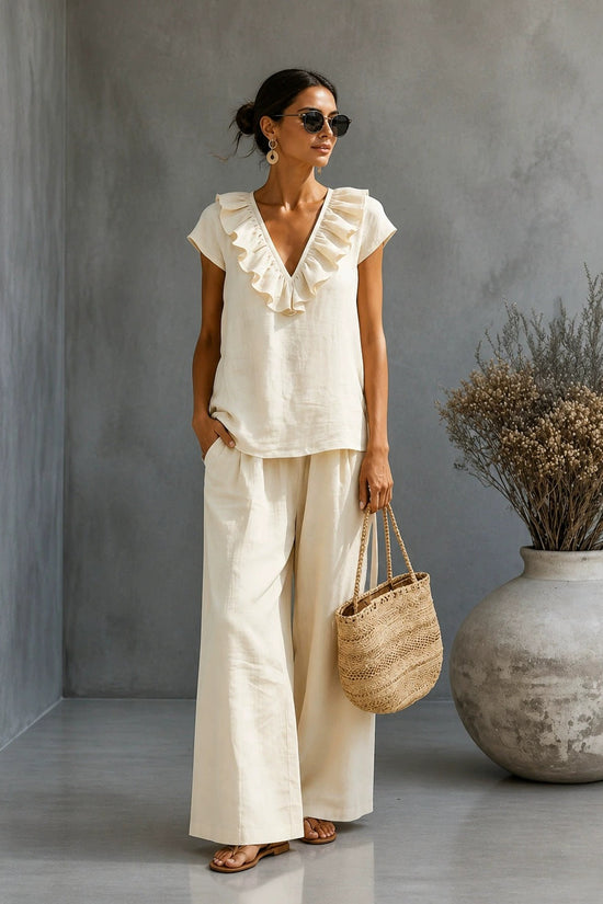 Women's V-neck Ruffled Hem Wide-leg Pants Set 