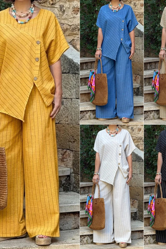 Striped Short-sleeve Shirt And Loose-fitting Pants Two-piece Set 