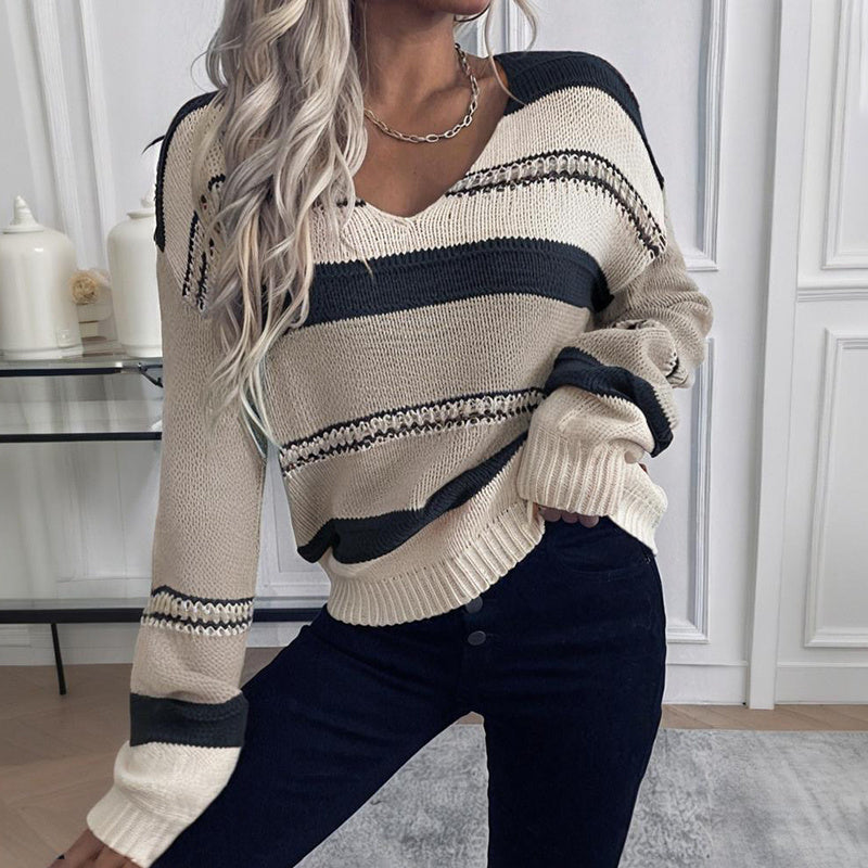 Women's French Vintage Striped Sweater, V-Neck Long Sleeve Stretch Knit Top For Fall Winter Layering 