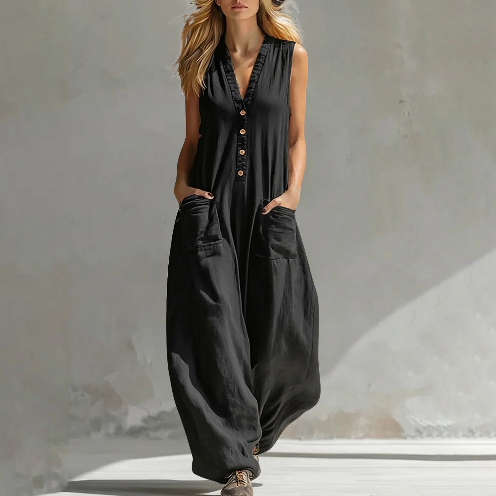 Womens Casual Linen-Cotton Sleeveless Jumpsuit With Two Pocket Straps 