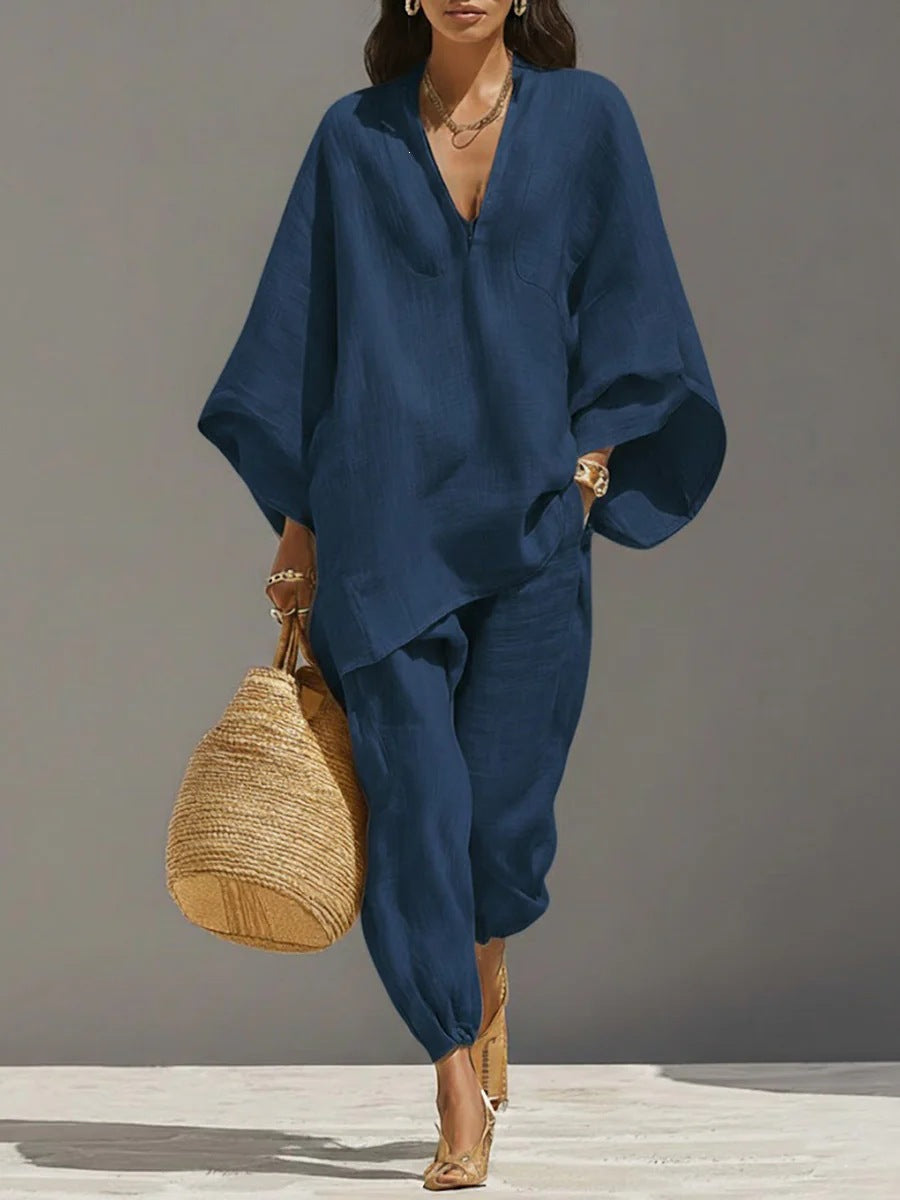Casual Relaxed Loose-Fitting Solid-Color Shirt Set 