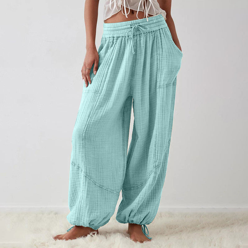 Women's Solid-color Wide-leg Pants With Elastic Drawstring Waist Elasticized Leg Cuffs Side Pockets For Spring&Fall Fashionable Simple Wear CJ US