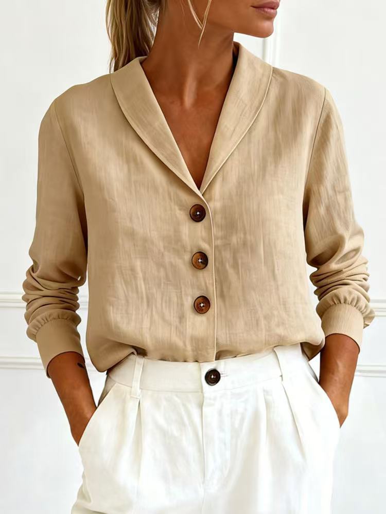 Fashionable Cotton-Linen Long-Sleeve Peter Pan Collar Button-Up Shirt 