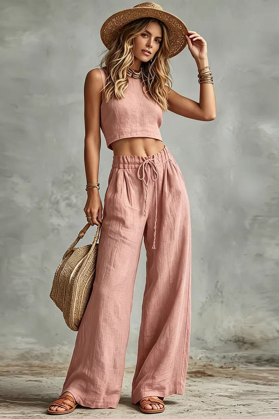Vest Drawstring High-Waist Wide-Leg Pants Two-Piece Set 