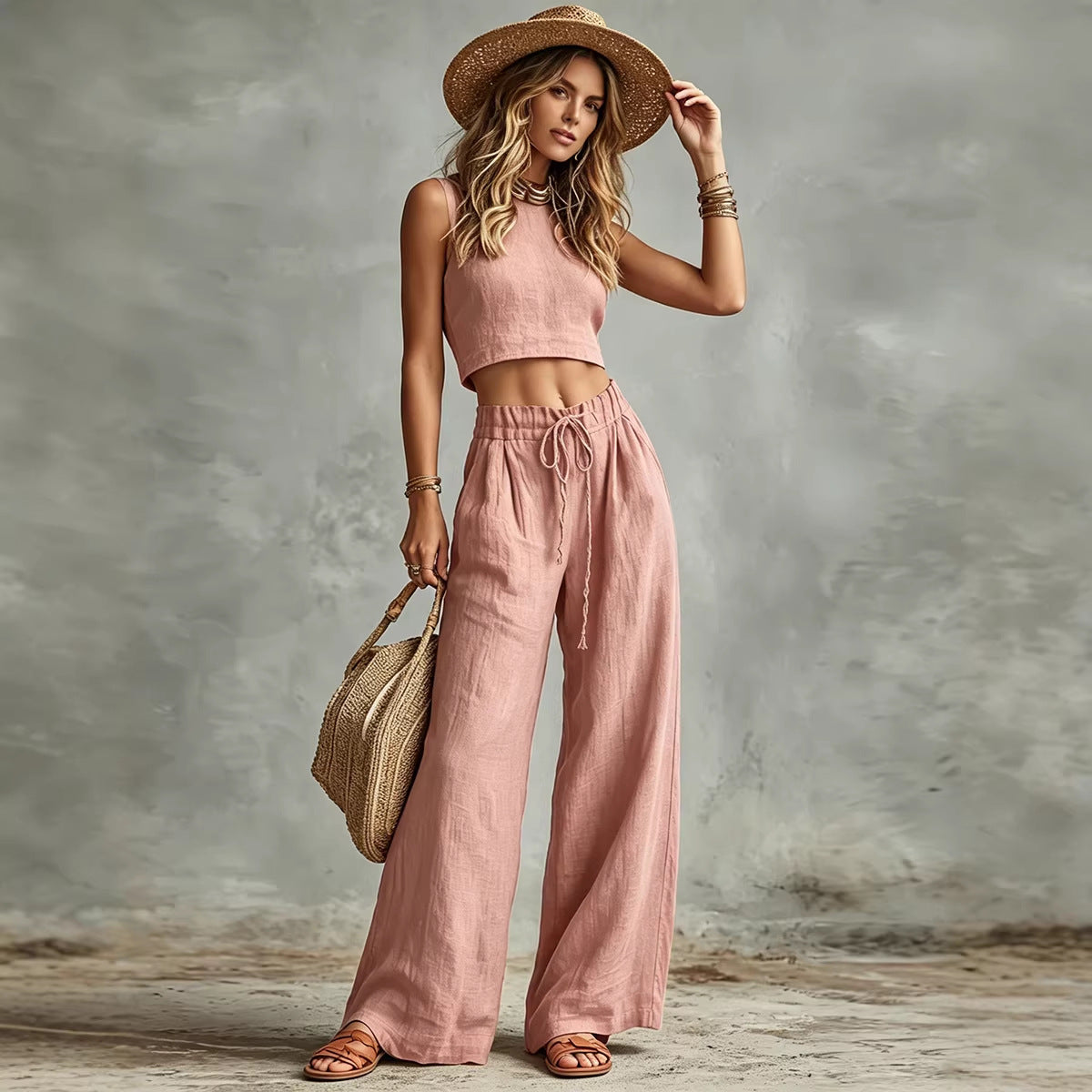Vest Drawstring High-Waist Wide-Leg Pants Two-Piece Set 