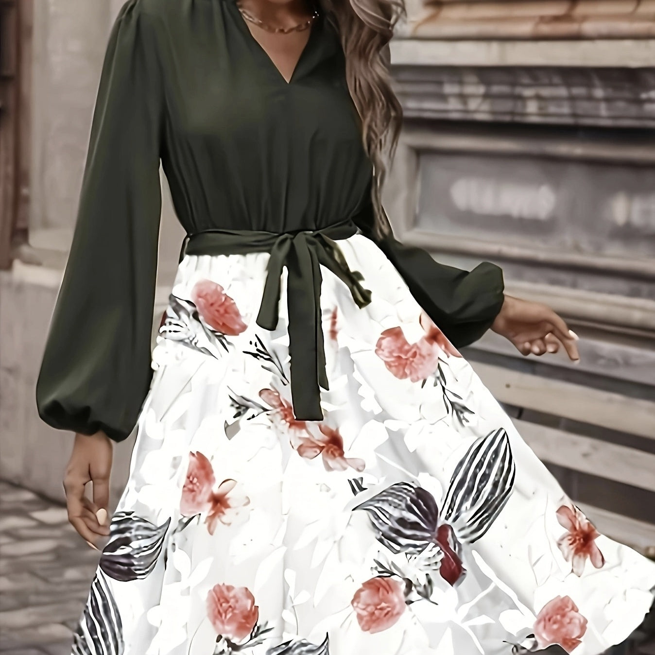 Ladies' Fashion Printed V-neck Waist Strap Casual Dress CJ