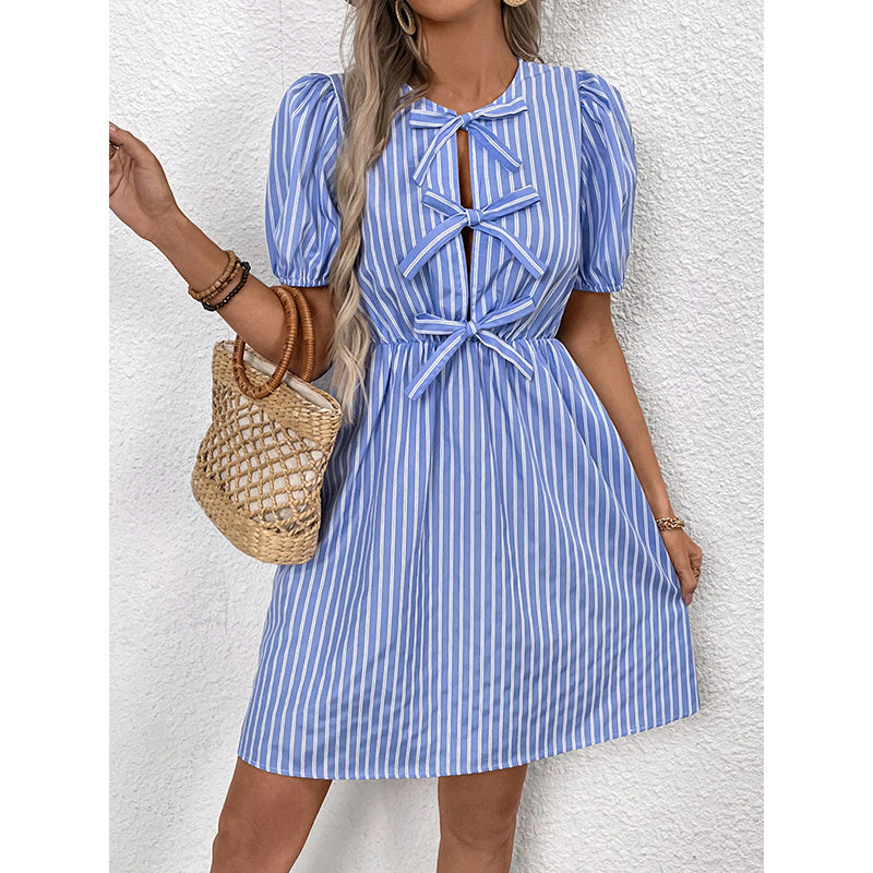 Women's Striped Tie Front Puff Sleeve Summer Casual Mini Dresses Loose Flowy Sundress CJ US