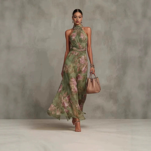 Neck-hanging Printed Chiffon Maxi Dress 