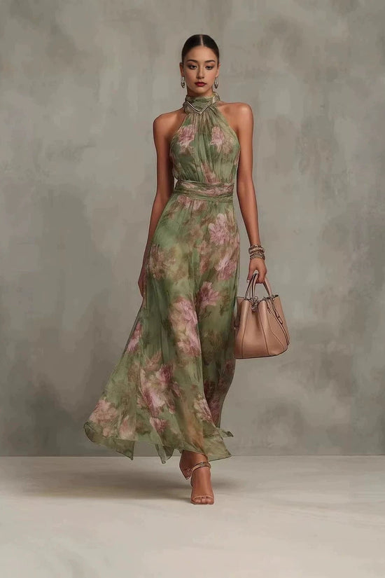Neck-hanging Printed Chiffon Maxi Dress 