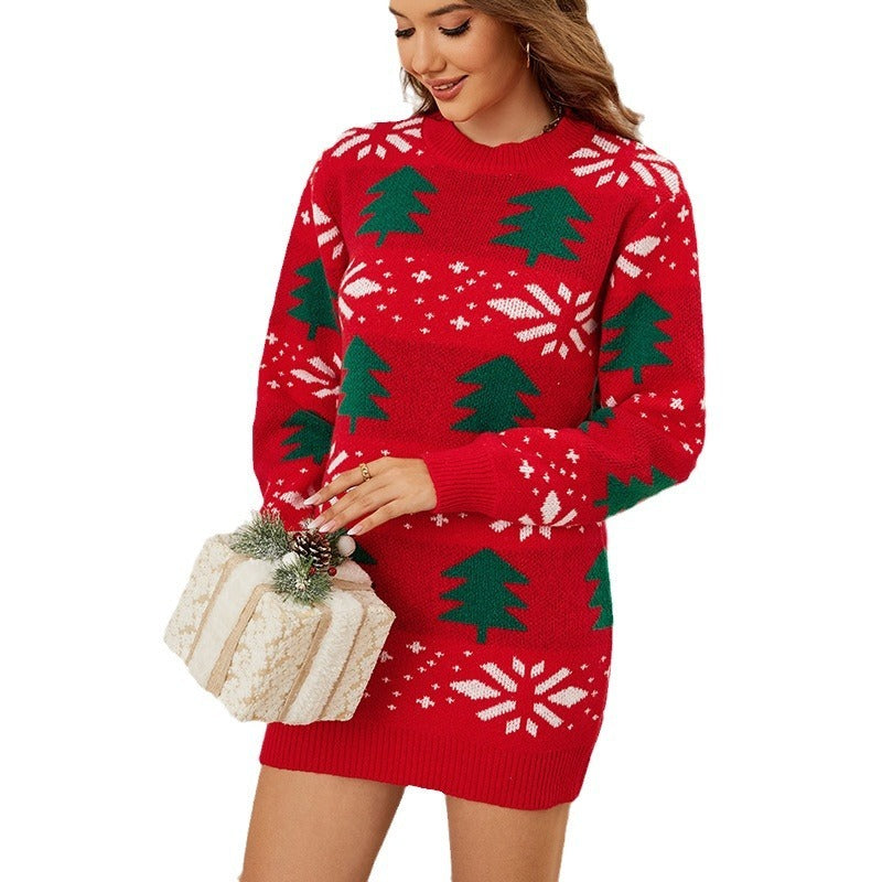 Christmas Pullover Jacquard Long Red CJ
