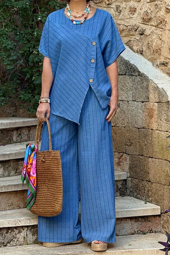Striped Short-sleeve Shirt And Loose-fitting Pants Two-piece Set 