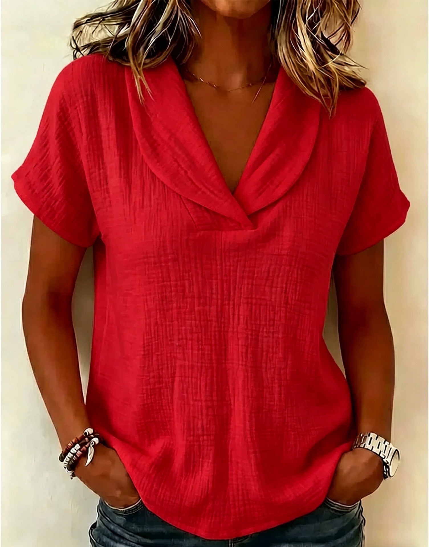 Women's Knitted Short-Sleeve Top With Butterfly Collar 