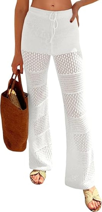 Saodimallsu Womens Beach Cover Up Pants Boho Crochet Knit High Waist Drawstring Sheer Hollow Swim Pant Swimwear CJ US